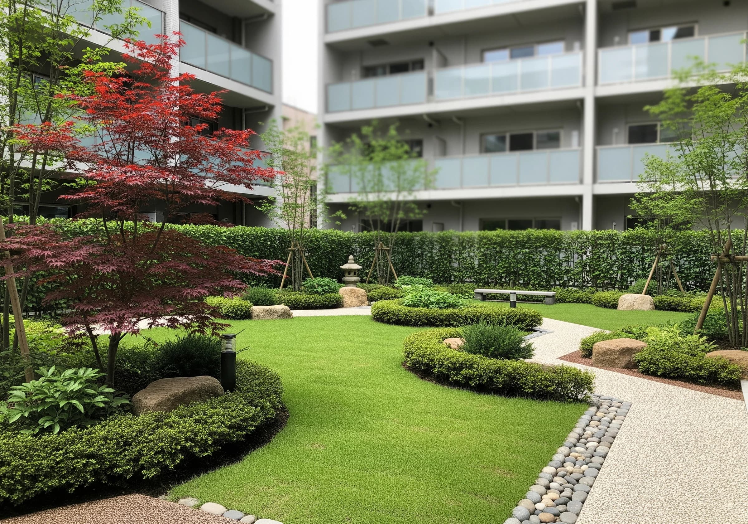 マンション共用部の手入れされた緑地